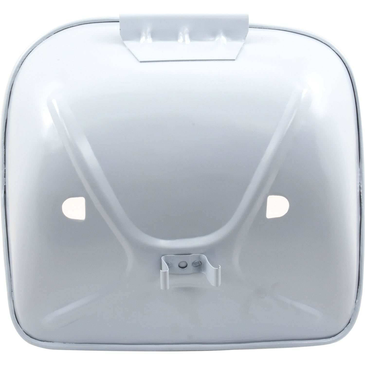 A square white metallic object with a simple, raised design and two small holes on either side, featuring a bracket at the bottom center, reminiscent of a Sparex Seat Assembly (Sparex Part No. S.66955) for Ford New Holland tractors by the brand Sparex.