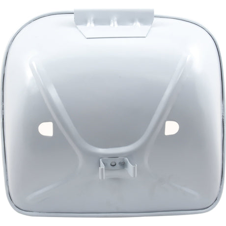 A square white metallic object with a simple, raised design and two small holes on either side, featuring a bracket at the bottom center, reminiscent of a Sparex Seat Assembly (Sparex Part No. S.66955) for Ford New Holland tractors by the brand Sparex.