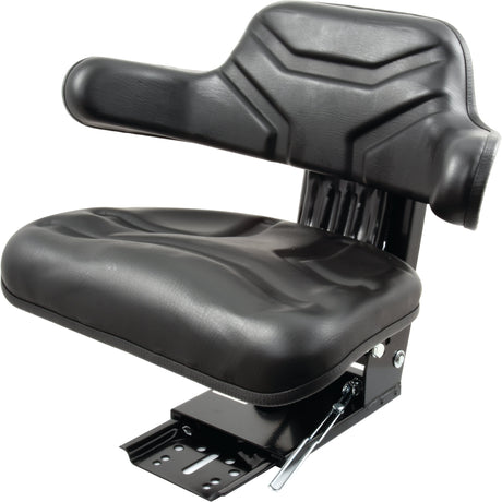 The Sparex Seat Assembly (Sparex Part No. S.71050) features a cushioned tractor seat with a backrest in durable black vinyl material, complete with a metal mounting base and an easy-to-use adjustment lever handle.