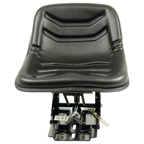 Introducing the Sparex Seat Assembly - S.71056, a black contoured tractor seat from Sparex, complete with a base and mounting hardware. It features a mechanical adjustable suspension for enhanced comfort, shown from the front.