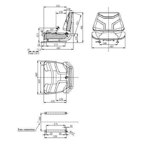 Product Description: The technical drawing of the Sparex Seat Assembly - S.71652 showcases dimensions and measurements for various parts, including the seat, backrest, and base connection, depicted from multiple angles—front, side, and top views. The Seat Width of 510 mm ensures optimal comfort. Additionally, the black vinyl finish adds a modern touch to this high-quality product from Sparex.