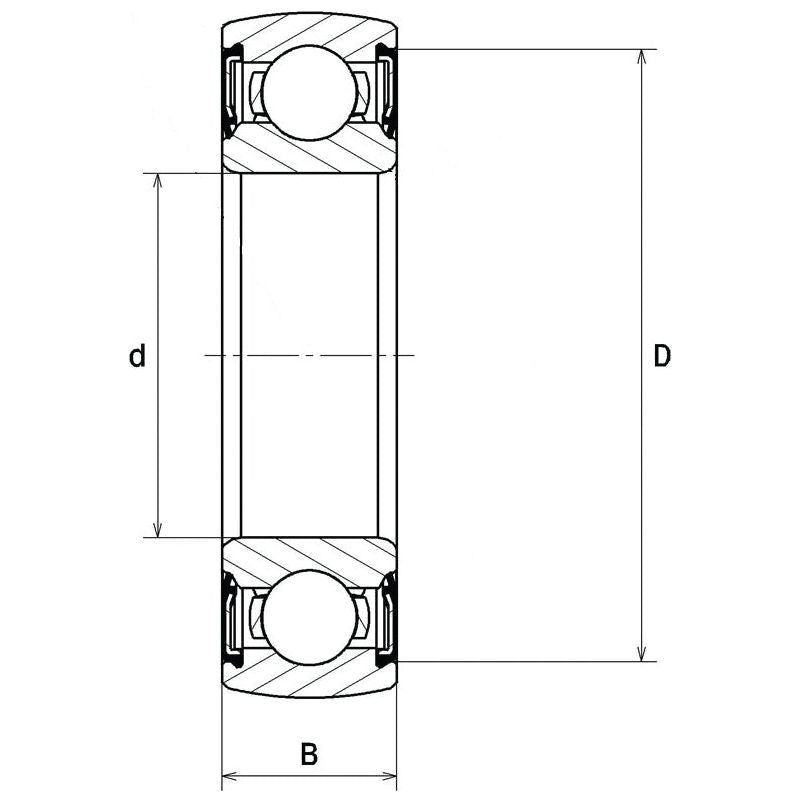 Technical drawing of the Sparex Spherical Outer Deep Groove Ball Bearing (17262102RS) - S.28297, featuring labeled internal diameter (d), external diameter (D), and width (B), suitable for detailed product specifications.