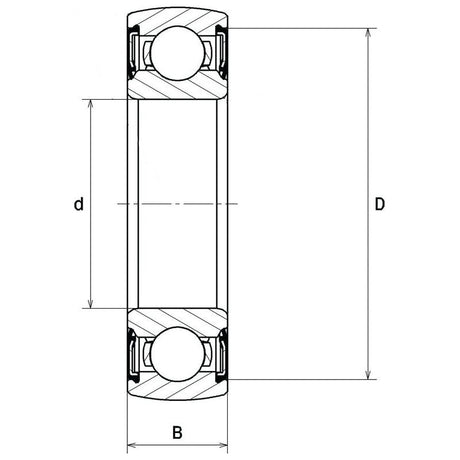 Technical drawing of the Sparex Spherical Outer Deep Groove Ball Bearing (17262102RS) - S.28297, featuring labeled internal diameter (d), external diameter (D), and width (B), suitable for detailed product specifications.