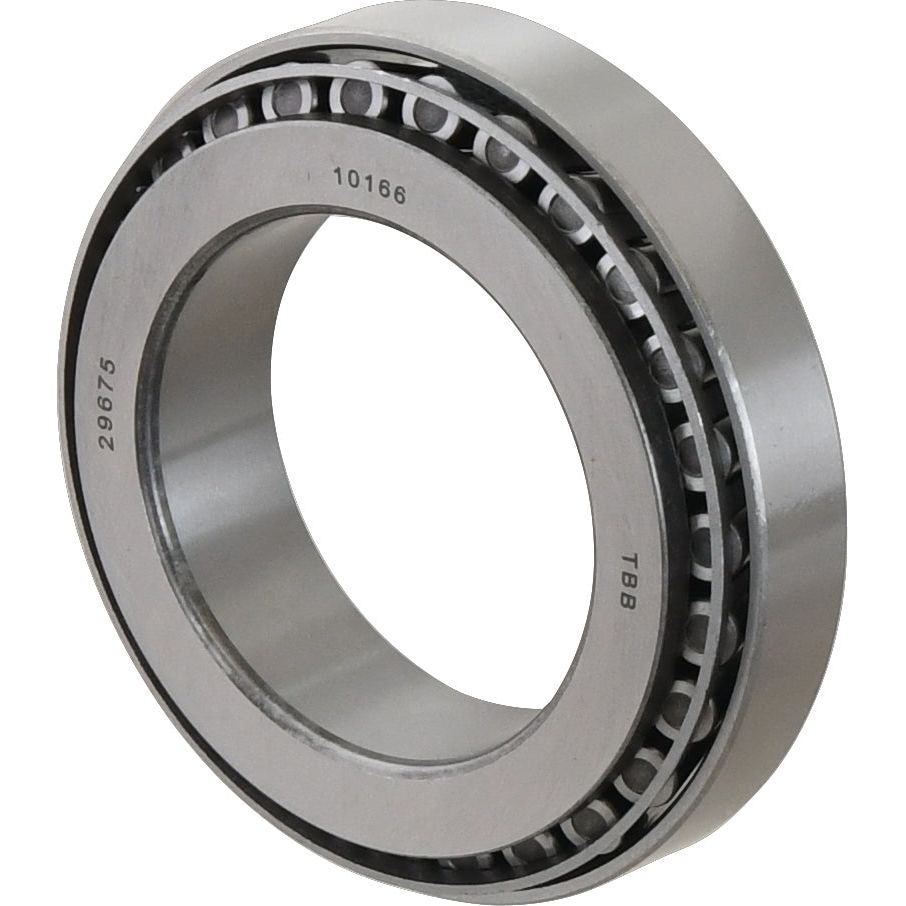 A Sparex taper roller bearing, featuring an outer and inner ring with cylindrical rollers arranged in parallel. The numbers "10166", "TBB," and "28975" are inscribed on the outer surface, identifying it as the metric Sparex component S.57735 (29675/29620).