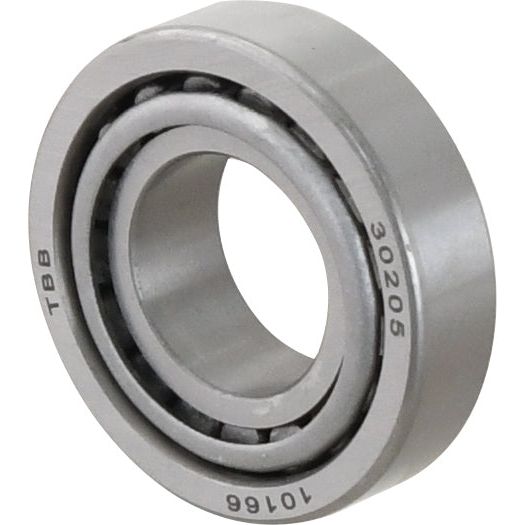 A Sparex Taper Roller Bearing (30205) - S.18213 featuring a silver cylindrical taper design with an open frame, displaying inner and outer rings engraved with "TBB," "30205," and "10166." This is a metric bearing.