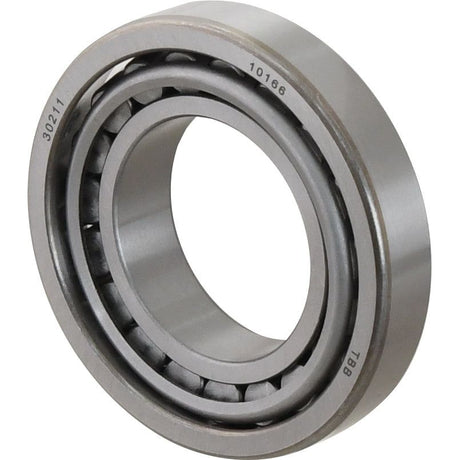 Close-up of a metallic tapered roller bearing, showing its cylindrical inner and outer rings with small rollers aligned between them. This precise Sparex Taper Roller Bearing (30211) - S.18219 ensures smooth operation and durability.