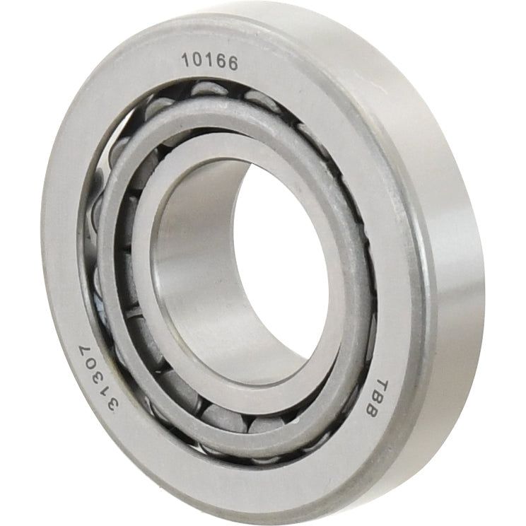 A close-up of a Sparex Taper Roller Bearing (31307) - S.18242, with the numbers 10166 and 31307 marked on it. The bearing features an inner and outer ring, visible steel balls in between, and resembles those commonly found in tractor bearings.