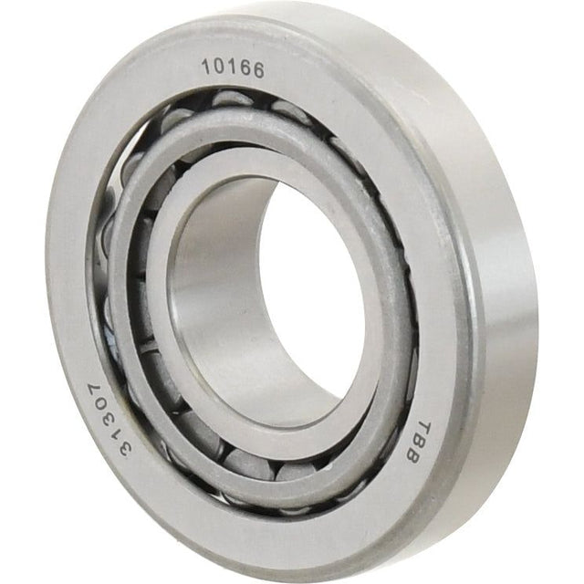 A close-up of a Sparex Taper Roller Bearing (31307) - S.18242, with the numbers 10166 and 31307 marked on it. The bearing features an inner and outer ring, visible steel balls in between, and resembles those commonly found in tractor bearings.