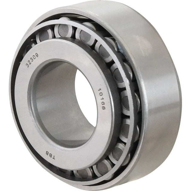 A close-up view of a Sparex Taper Roller Bearing (32309) - S.18265 with the numbers "32309" and "10108" engraved on it. This metric bearing, crafted from metal, features an inner and outer ring with cylindrical rollers in between.