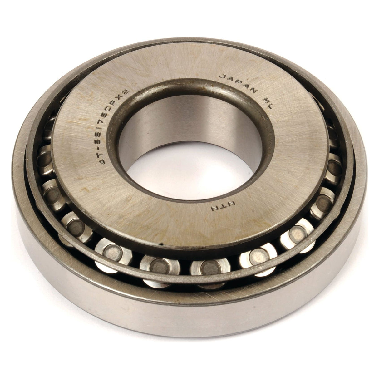 Close-up of a metallic tapered roller bearing with a visible inner and outer ring, marked with text including "Japan," "Sparex," and part number "4T-55175C/55437.