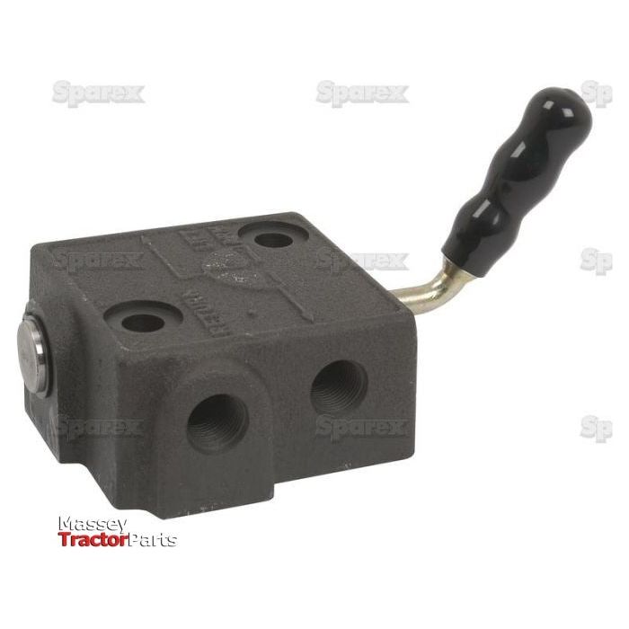 The Sparex Top Cover Mounted Diverter Valve (Part No. S.60032) for Massey Ferguson machines is a black hydraulic control valve with a metal handle, featuring two inlet/outlet ports and a molded grip designed for reliability.