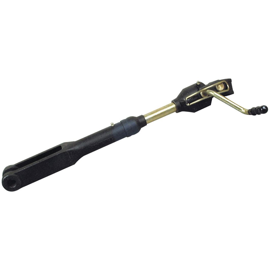 Image of a Sparex Levelling Box Assembly (Part No. S.4291) featuring a lever-action mechanical tool with a long handle, rotating crank mechanism, and metal body. The assembly comprises a knuckle with a 23mm diameter and fork hole diameter of 19mm, and has a minimum length of 550mm. This tool appears tailored for tightening or adjusting mechanical components similar to those found in Massey Ferguson machinery.