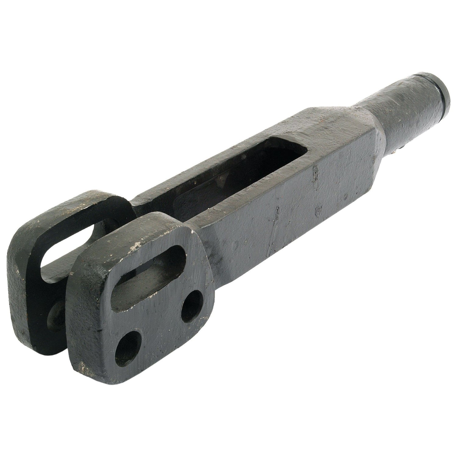 The Sparex Levelling Box Fork - 1 UNS, Sparex Part No. S.42053, designed for Massey Ferguson tractors, is a metal bracket featuring a cylindrical base that transitions to a rectangular section with two parallel prongs containing fork holes Ø.