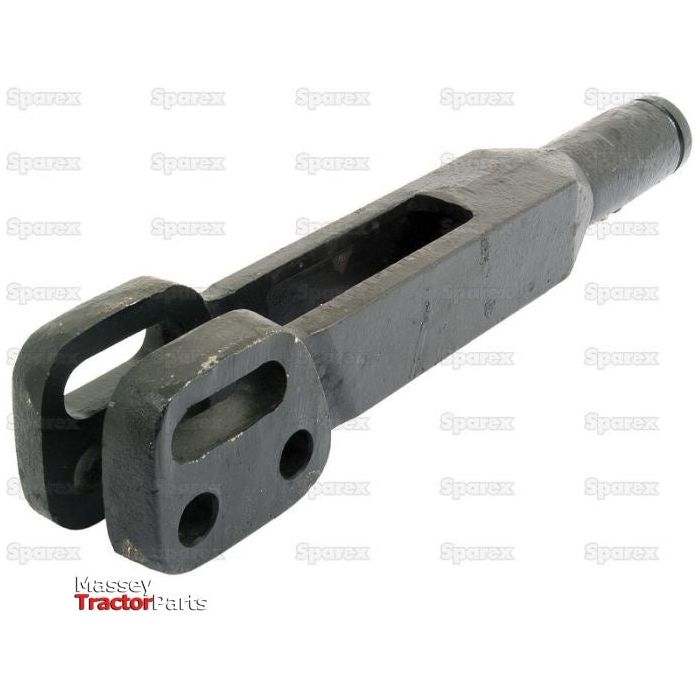The Levelling Box Fork - 1 UNS from Sparex (Sparex Part No. S.42053) is a black tractor top link repair end featuring a rectangular body with two circular holes on one end and a solid cylindrical extension on the other, measuring 440mm in length.