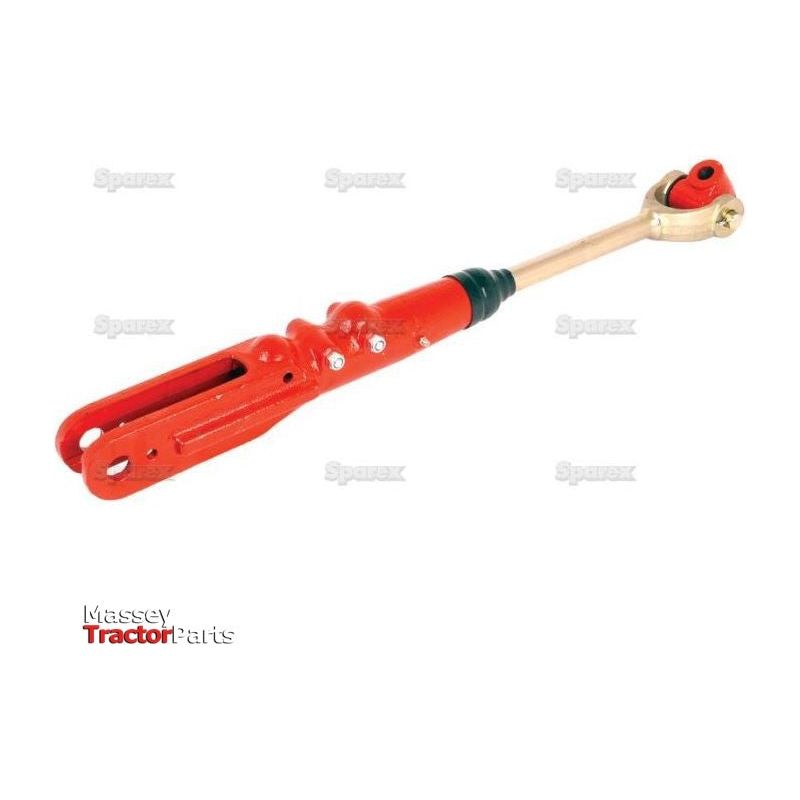 Red and yellow Levelling Box Assembly, featuring durable knuckle end fittings and a brand logo in the background, from Sparex. Model: Knuckle Ø 16.5mm- Fork Hole Ø 19mm - Min. Length:575mm - 7/8 UNC | Sparex Part No.S.74536.