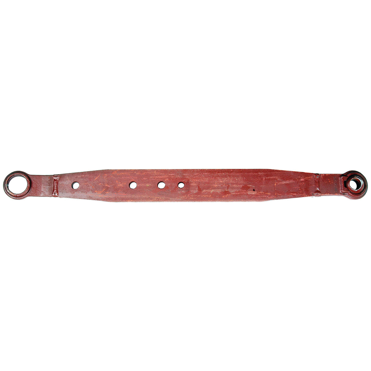 A red, elongated metal bar with circular holes and circular ends, resembling the Sparex Lower Link Lift Arm - Ball Ø 28mm - Open Socket - RH & LH (Sparex Part No. S.41001).