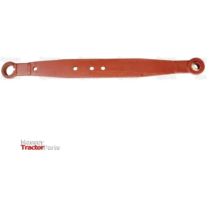 The Lower Link Lift Arm by Sparex (Part No.S.41002) is a red metal tractor part featuring two holes and circular ends, with "Massey Tractor Parts" labeled on the bottom left. It is ideal for use in a Link Arm Assembly compatible with Massey Ferguson tractors.
