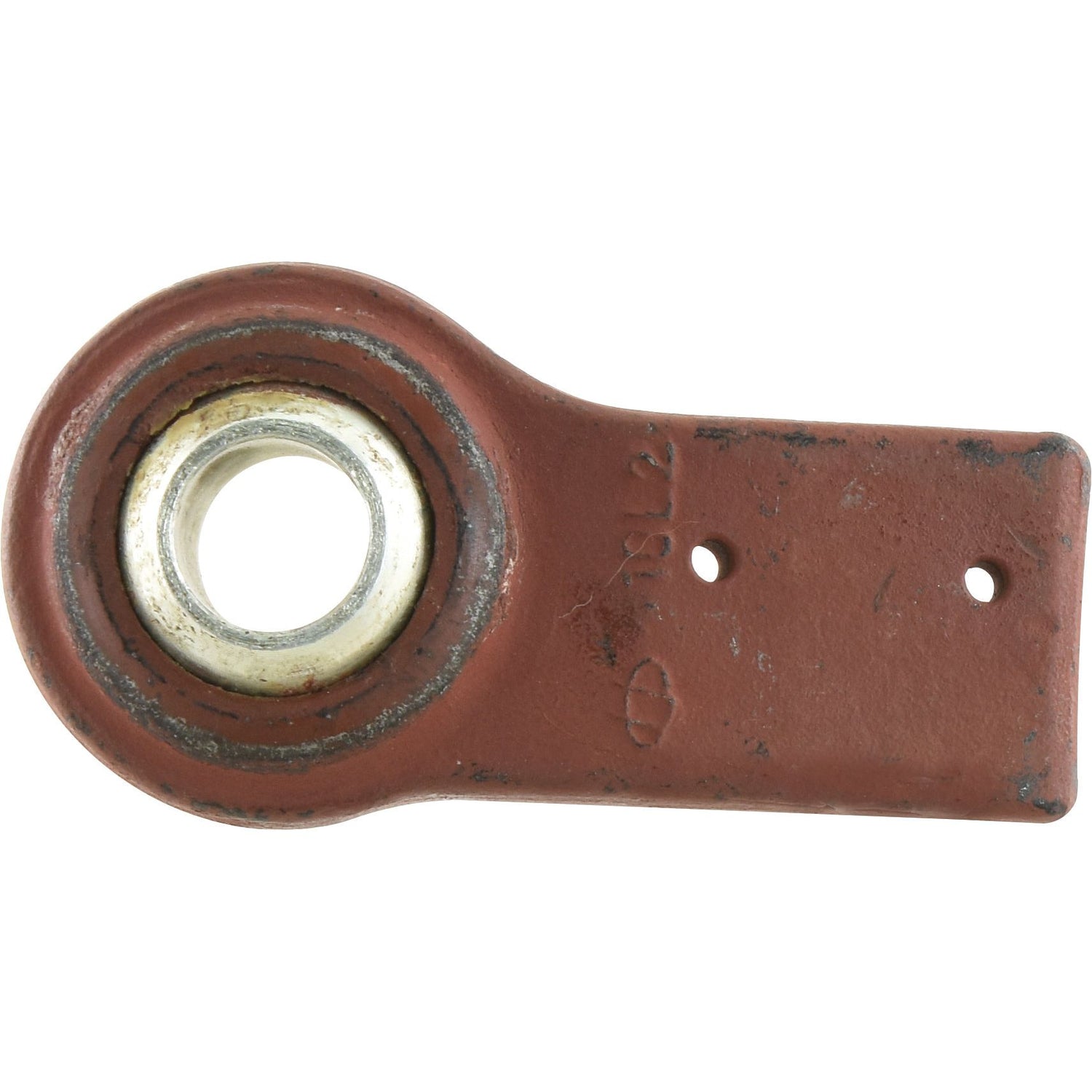 This Sparex Lower Link Weld On Ball End (Cat. 1) LH | Sparex Part No.S.15340 features a rusted and aged metal bracket with a circular hole and two smaller holes on the flat extension. Despite showing signs of wear, the piece retains its full working length and exhibits a reddish-brown coloration indicative of its use over time.