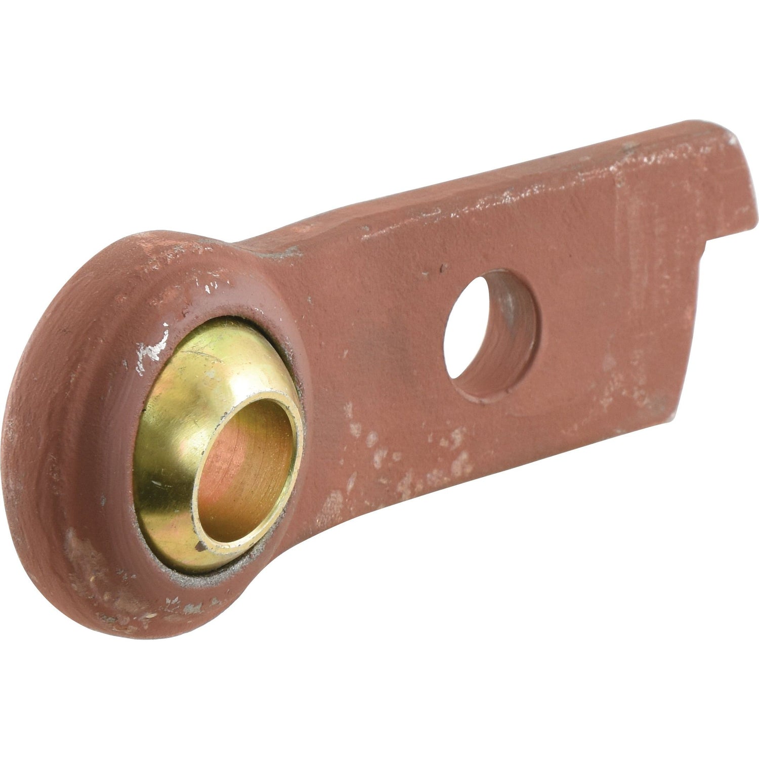 The Sparex Lower Link Weld On Ball End (Cat. 2) LH, identified by part number S.60024, features a metal lever arm with a circular hole in the middle and a larger gold-colored cylindrical bearing on one end. Its reddish-brown surface evokes the vintage aesthetics of Landini farm equipment.