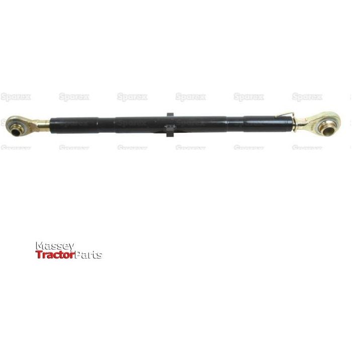 Image of a Top Link (Cat.1/1) Ball and Ball, 1 1/16'' with a minimum length of 670mm from Sparex, featuring a black tube with golden ball joints at both ends. The center tube has precise thread size for secure attachment. The product is labeled "Massey Tractor Parts" and appears against a white background with a faint Sparex watermark.