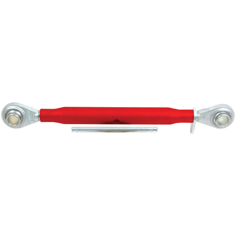 Introducing the Sparex Top Link (Cat.1/1) Ball and Ball, 1 1/8'', with a minimum length of 555mm – a highly precise red adjustable turnbuckle designed for tensioning applications. Featuring spherical rod ends on both sides, this top link is ideal for precision adjustments.