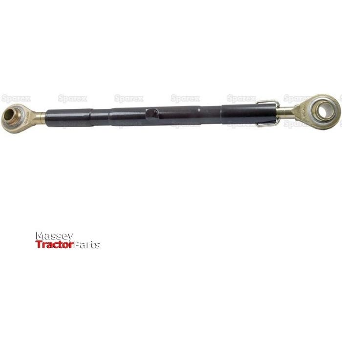 A top link (Cat.2/2) with ball ends in black and silver, featuring eyelets on both ends and branded by "Sparex," photographed against a white background with the "Massey Tractor Parts" logo. This component is suitable for Massey Ferguson tractors, includes a thread size of 1 1/16'', and has a minimum length of 610mm (model S.16066).