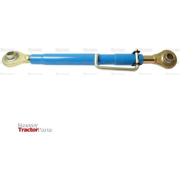 Introducing the Sparex Top Link (Cat.2/2) Ball and Ball, 1 1/4'', with a minimum length of 620mm, designed for heavy-duty use with adjustable hydraulic mechanisms and metal ends. This blue top link is perfect for Ford New Holland models, signifying quality you can trust from Massey Tractor Parts with the logo prominently displayed in the bottom left corner.