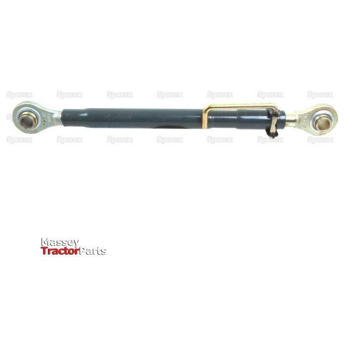 The Sparex black adjustable hydraulic Top Link (Cat.2/2) with 1 1/4'' spherical rod eyes on both ends, minimum length of 680mm, designed for Ford / New Holland Tractors, has the text "Massey Tractor Parts" in red and gray in the lower left corner. Model number: S.17171.