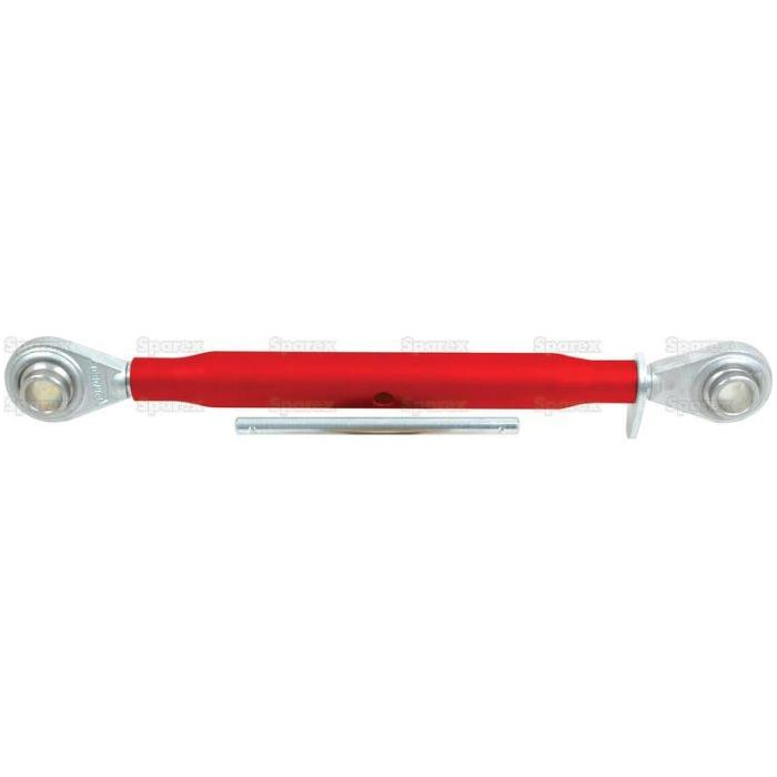 Image of a Sparex Top Link (Cat.2/2) Ball and Ball, 1 1/8'' with a minimum length of 570mm in red, featuring silver spherical rod ends on both sides. A silver mounting pin lies below it, showcasing the precise thread size and tube length. Suitable for tractors.