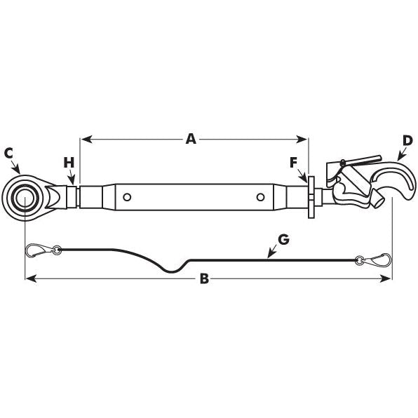 Diagram of the Top Link Heavy Duty (Cat.2/3) Ball and Q.R. Hook, M36x3, Min. Length: 610mm. - S.74382 from Sparex featuring labeled parts A to H, including a quick-release hook on the right end and a ball on the left end, connected by an adjustable rod with components and a cable running alongside. The heavy-duty implement is particularly suitable for tractors, ensuring reliable performance.