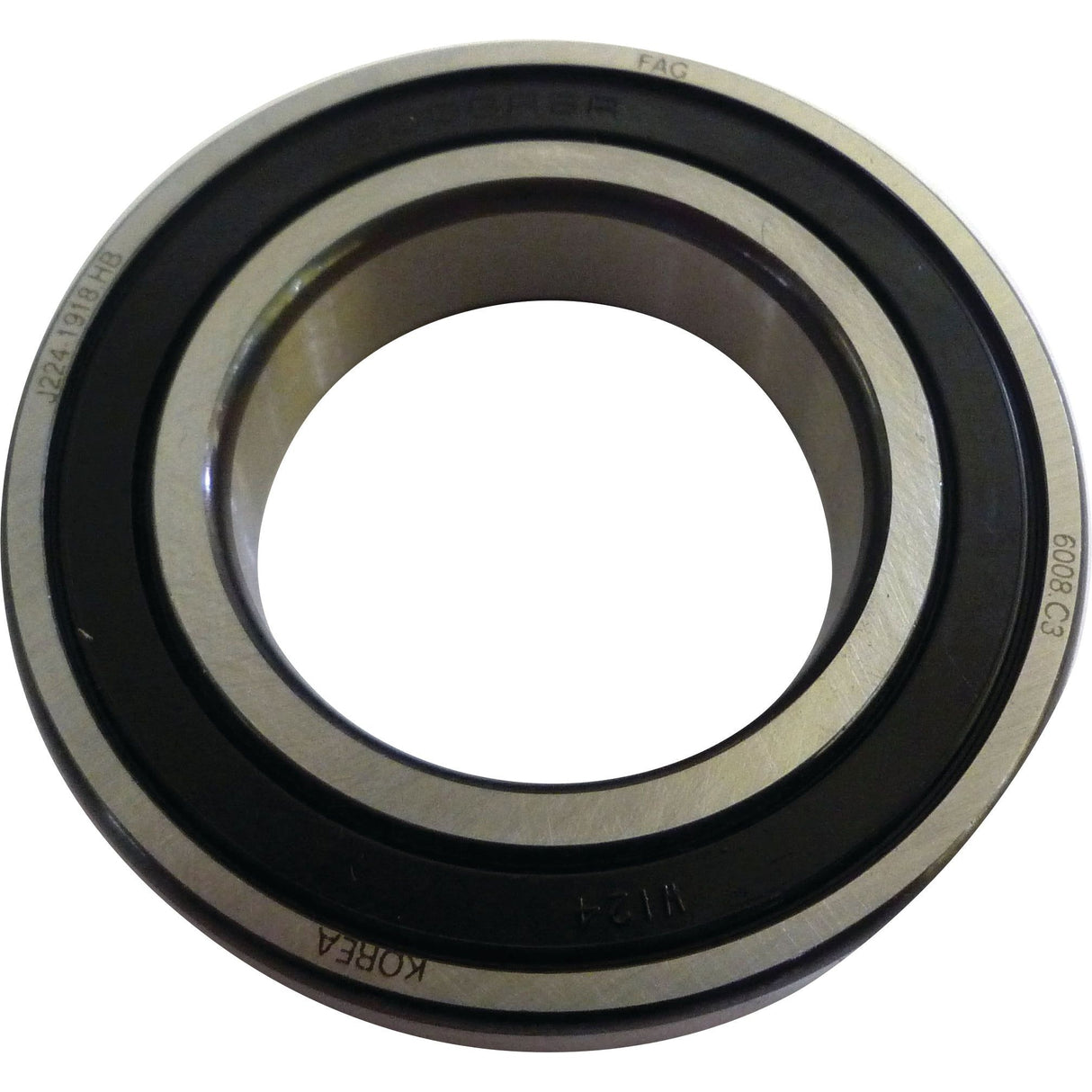 A close-up view of a single 40mm Spigot Bearing - S.146130 by Sparex, featuring a black Seal Type 2RS and a metal outer ring with engraved text on its surface.