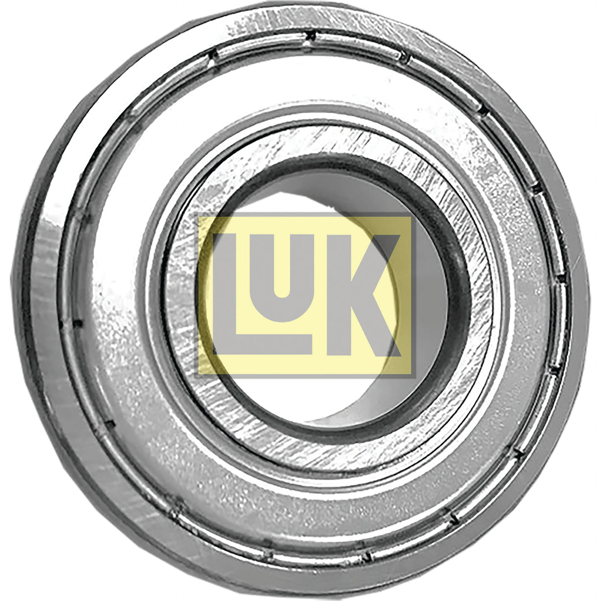 A Sparex Spigot Bearing - S.156493 with a metal shield, featuring the "LUK" logo in yellow and black, positioned centrally within the inner ring. Ideal for Fiat tractor parts and Case IH compatible machinery.