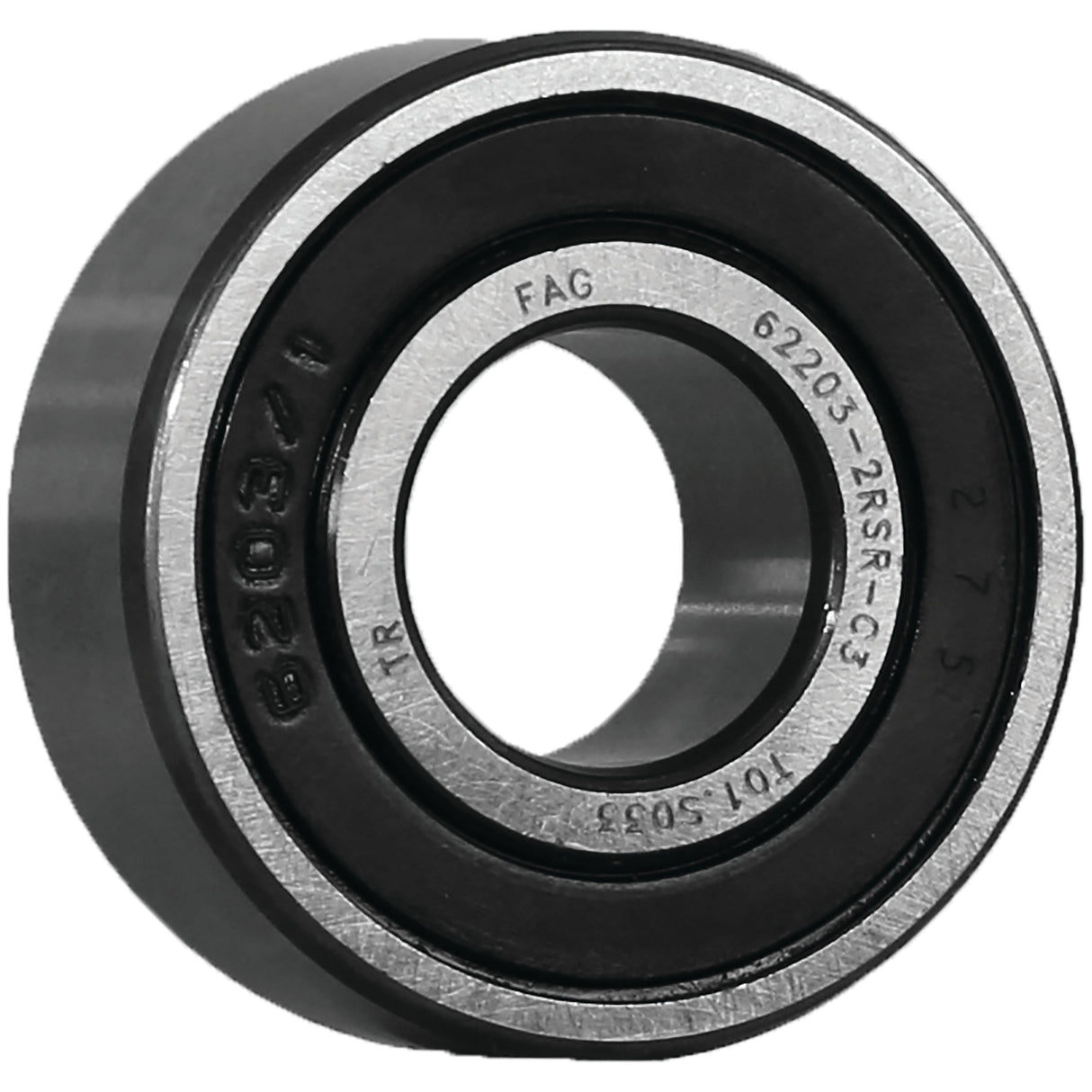 Close-up of a Sparex Spigot Bearing - S.156494 with visible inscriptions including "62203-2RSR-C3" and "FAG" on the outer ring, featuring a 2RS seal. The component is circular with an inner hole for mounting.