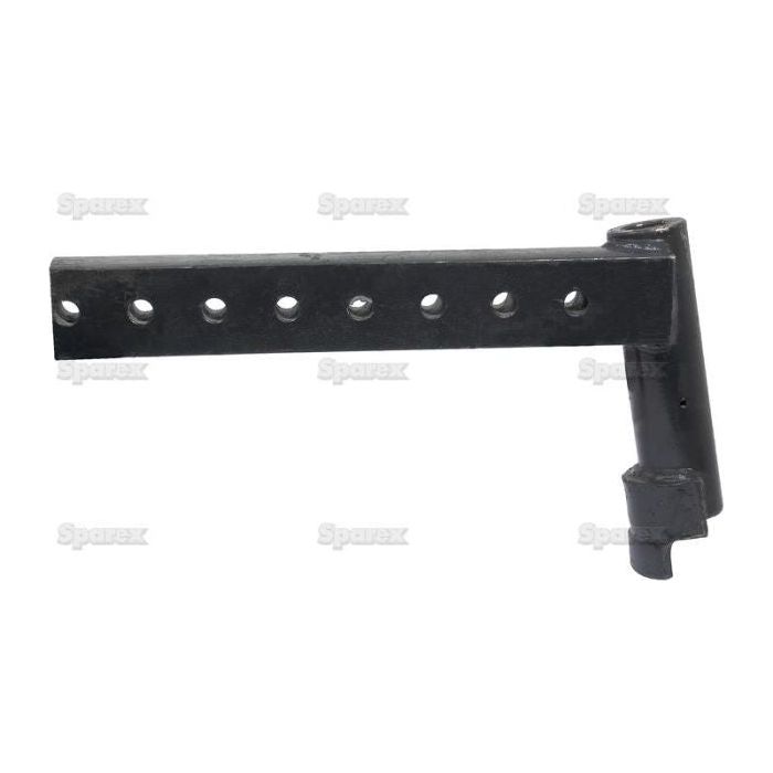 Introducing the Spindle Arm (Sparex Part No. S.40101) by Sparex—a black metal hitch component featuring multiple circular holes and a right-angle bracket, perfect for connecting to your Massey Ferguson equipment.