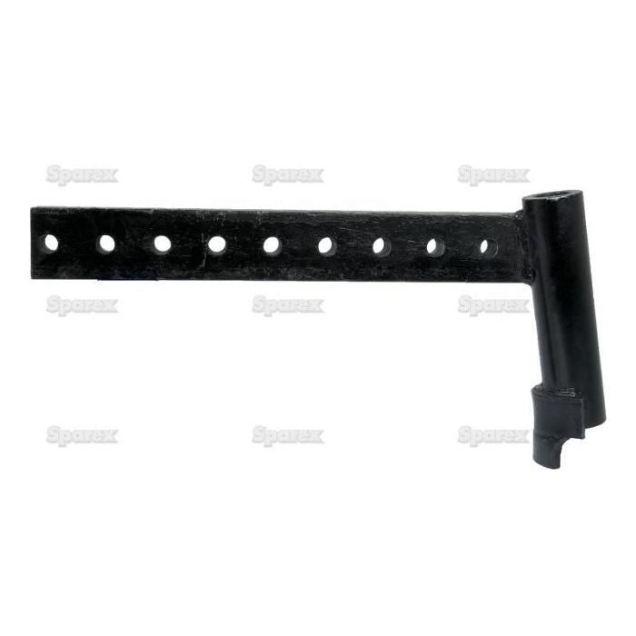 A black, metal hinge bracket with multiple holes along its length, likely used for securing or adjusting the position of an attached object such as the Spindle Arm | Sparex Part No.S.40102 by Sparex.