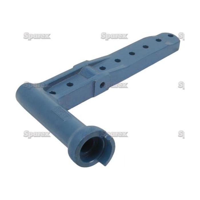 A blue metal agricultural implement part with multiple holes and a cylindrical end, the Spindle Arm | Sparex Part No.S.66762, compatible with Ford New Holland tractors.