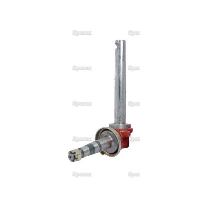 The Sparex Spindle LH (Sparex Part No.S.59541), featuring a cylindrical shaft, red housing, and multiple notches and holes, is shown against a white background. This specific model is compatible with International Harvester equipment.