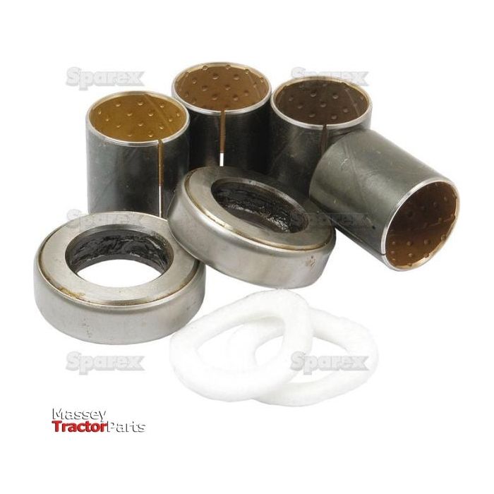 A set of metal bushings, bearings, and white plastic washers arranged in a group. The Sparex logo is displayed in the bottom left corner, indicating this Spindle Repair Kit (Sparex Part No.S.40217) is compatible with Massey Ferguson models.