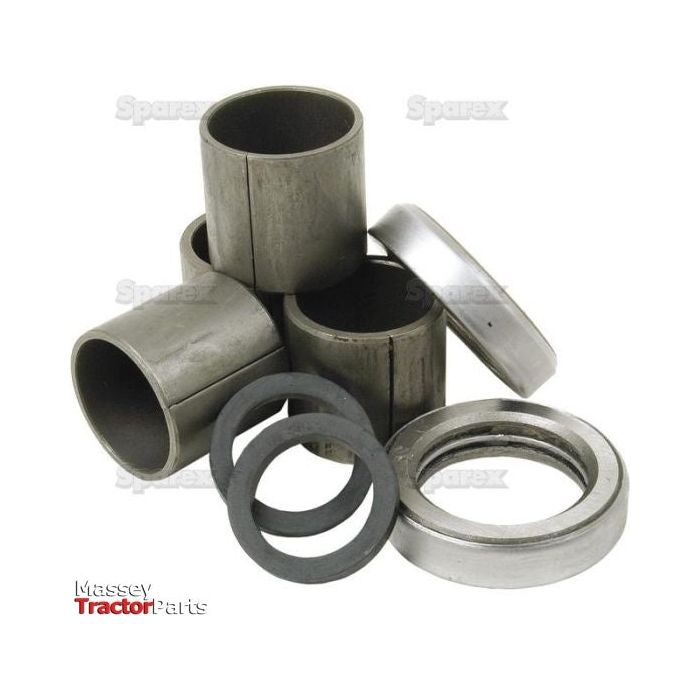 Various metal and rubber tractor parts, including bushings and seals, are arranged on a white background. Text in the image reads "Spindle Repair Kit | Sparex Part No.S.65109.