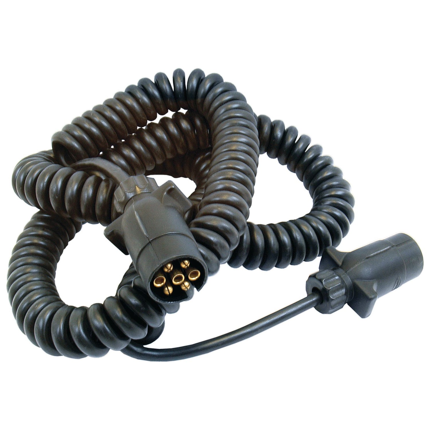 The Sparex Spiral Extension Cable 3.5M, featuring seven-pin male connectors and durable plastic plugs on each end, is designed for 12/24V vehicle trailer hookups.