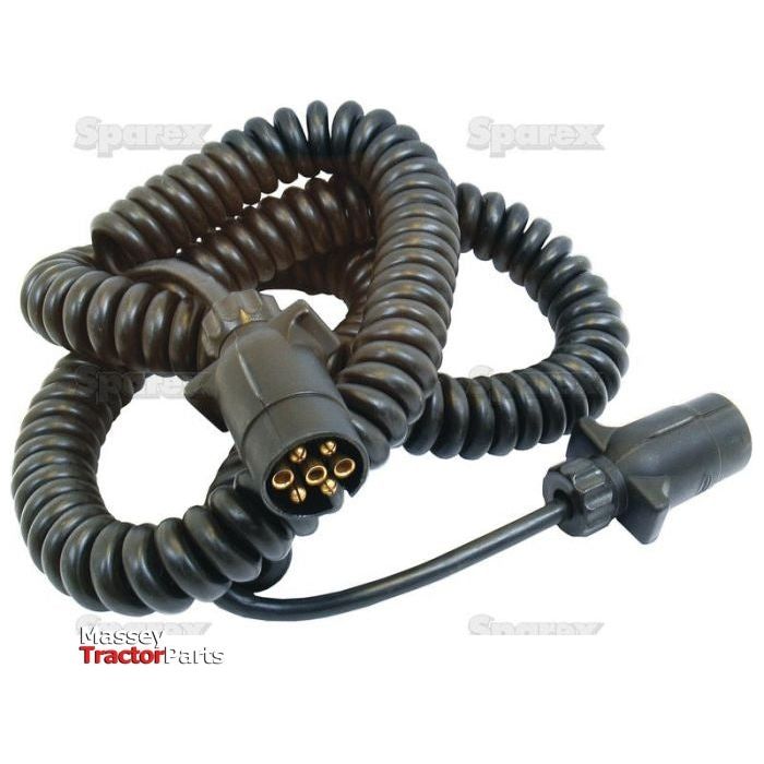 Introducing the Sparex Spiral Extension Cable 3.5M, featuring 7/7 pin male connectors on both ends. This coiled black cable is compatible with 12/24V systems and is commonly used for tractor trailer connections (Sparex Part No.S.26470).