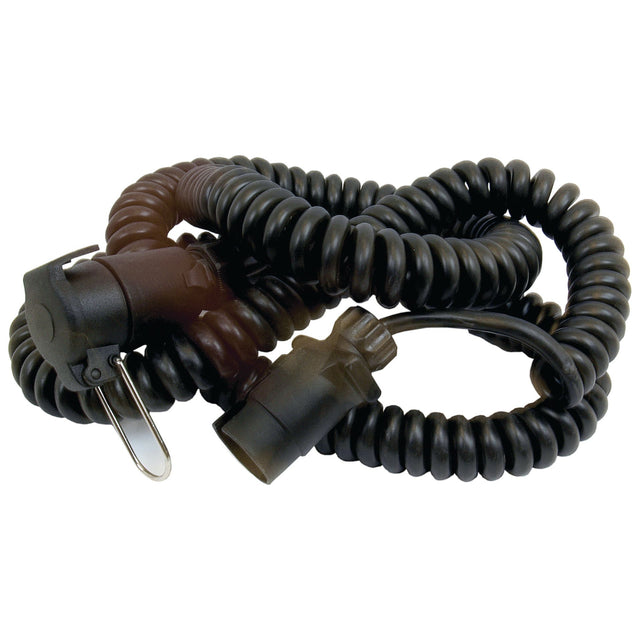 A coiled black air brake hose with 7 pin plug connectors on both ends.
Rewritten sentence:
The Sparex Spiral Extension Cable 7M features 7/7 pin male and female connectors on both ends.