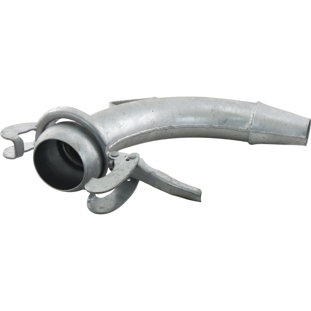 A Sparex Spreader Cone 90° - Male 4'' (108mm) made of galvanized metal with a Bauer fitting and a curved design.