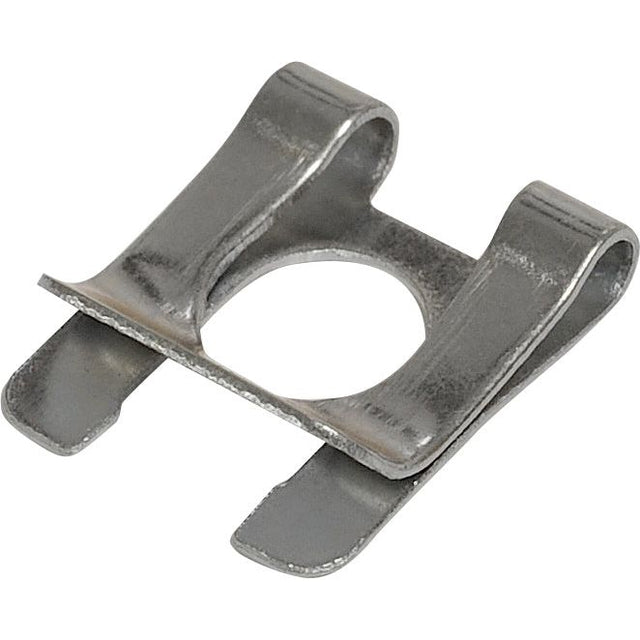 A compact, metallic Spring Clip (SL12) with a rounded hole in the center, designed for fastening or securing purposes. Perfect for various applications, this Sparex Spring Clip (S.52332) ensures reliability and durability.