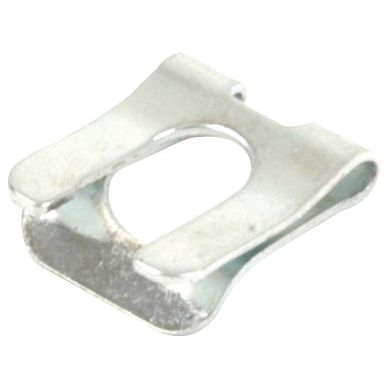 Close-up of a small metallic Spring Clip (SL5) with a central oval hole and curved edges, designed for fastening purposes, branded Sparex, Part No. S.52328.