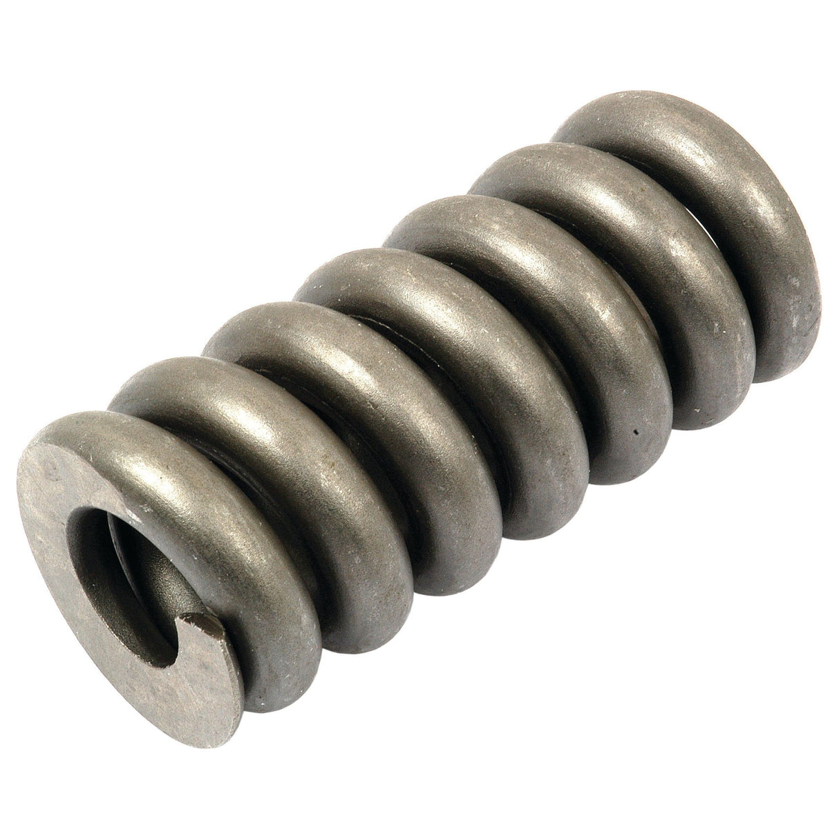 A close-up of the Sparex Spring | Sparex Part No.S.41428, a metallic helical compression coil spring with a slotted end, positioned horizontally, often used in spring draft control systems for Massey Ferguson and Ford New Holland equipment.