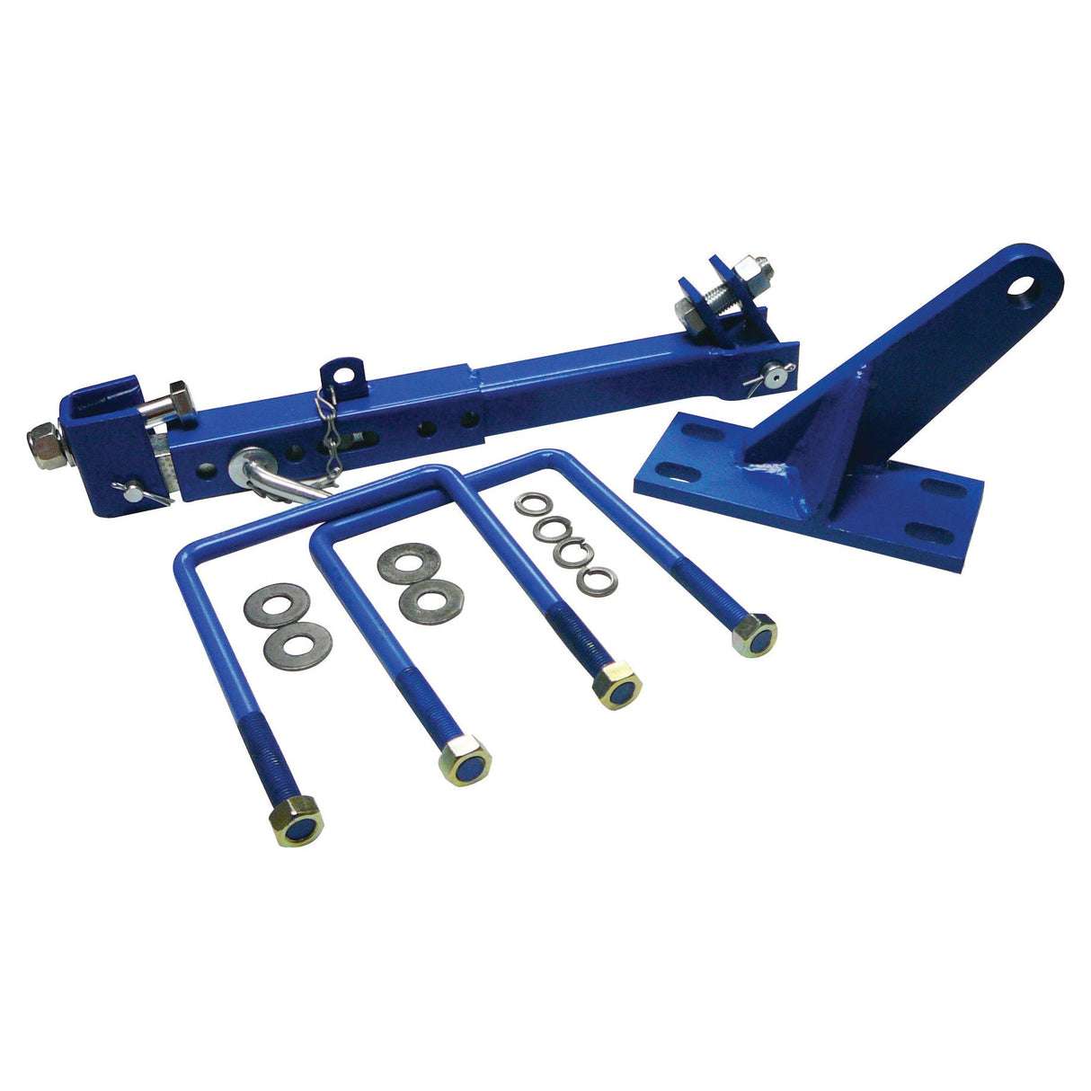 Close-up of a Sparex Square Box Check Chain Assembly (LH) - S.66668 with a mounted bracket, three long U-bolts, and several washers and nuts arranged neatly. The fitting is designed for adjustable length.