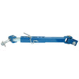 A close-up image of the blue Square Box Check Chain Assembly - RH & LH (Product Code: S.66462) by Sparex, featuring an adjustable tow bar with a maximum length of 686mm and a secure chain and pin mechanism for reliable connections.