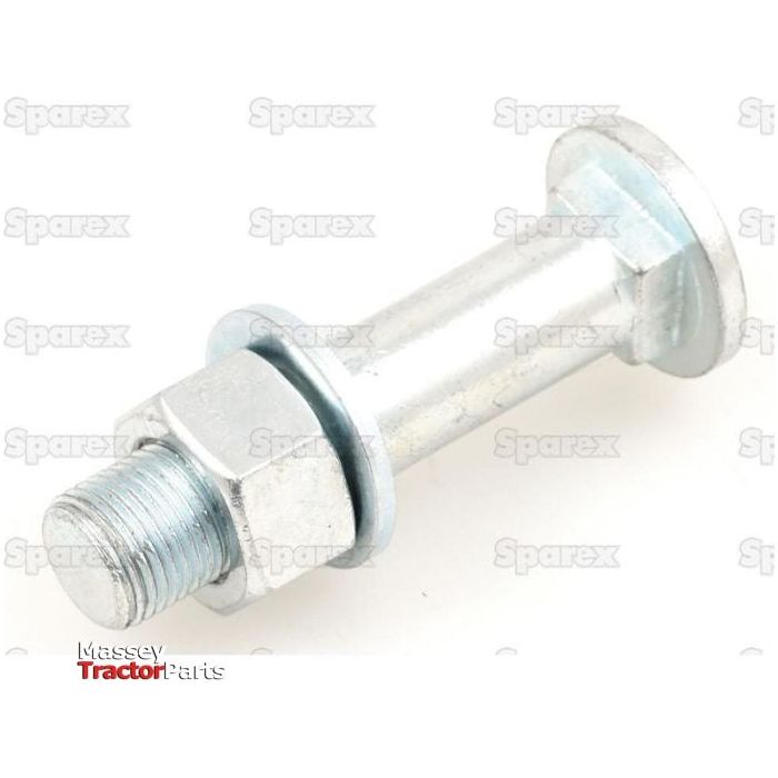 A Sparex Square Wheel Bolt, 5/8'' x 2 13/16'' (UNF) (Sparex Part No. S.65113), features a metallic cylindrical shank with a large flat-headed end, accompanied by a hexagonal nut and washer threaded on it. Designed in Imperial Size, this bolt is ideal for specialized applications. The background is plain white.