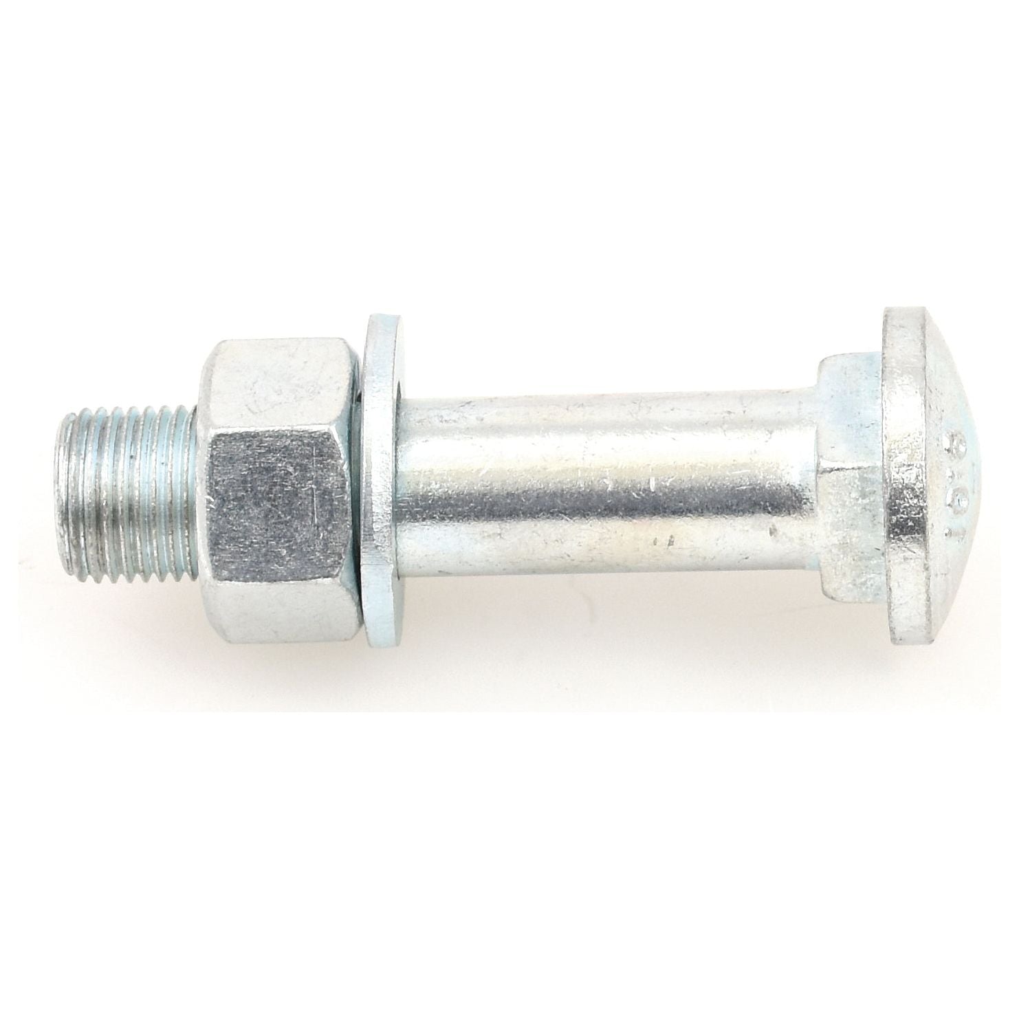 A Square Wheel Bolt, 5/8'' x 2 13/16'' (UNF) (Sparex Part No. S.65113), including a hexagonal nut and a domed head, lies horizontally on a white background.